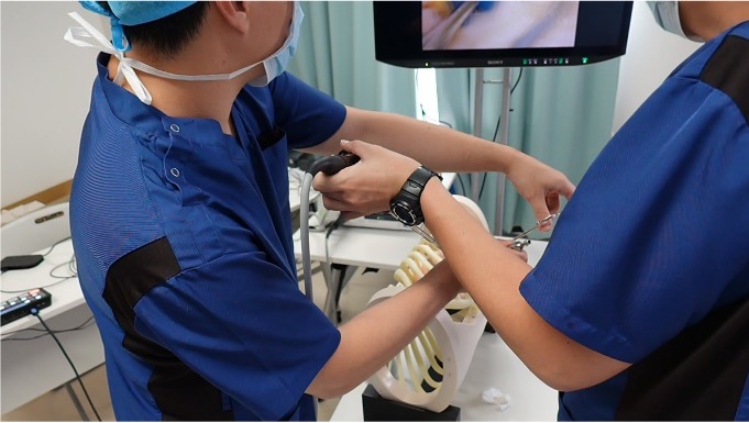 胸郭モデルを用いてシミュレーションを行っている様子